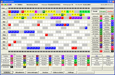 Jahresansicht f&uuml;r einen Mitarbeiter (rote Navigations-Schaltfl&auml;che)